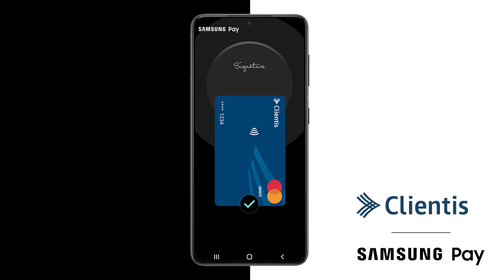 Key Visual von Samsung Pay - Schwarz Hintergrund, weisse Schrift, blaue Clientis Debitmastercard